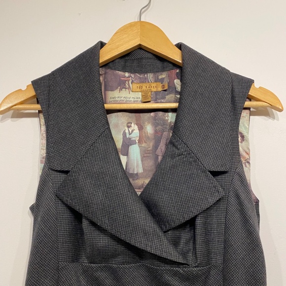 Ted Baker Vintage Grey Houndstooth Collared V-Neck Pencil Knee Length Dress 2 - Picture 6 of 6